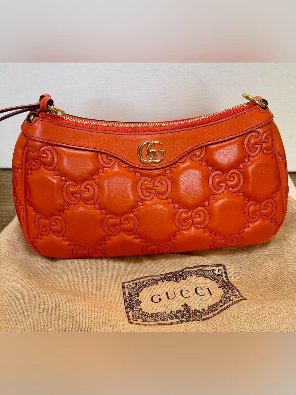 NEW GUCCI GG QUILTED MATELASSE’ SHOULDER CROSSBODY ORANGE CALF LEATHER BAG ITALY - Picture 7 of 17